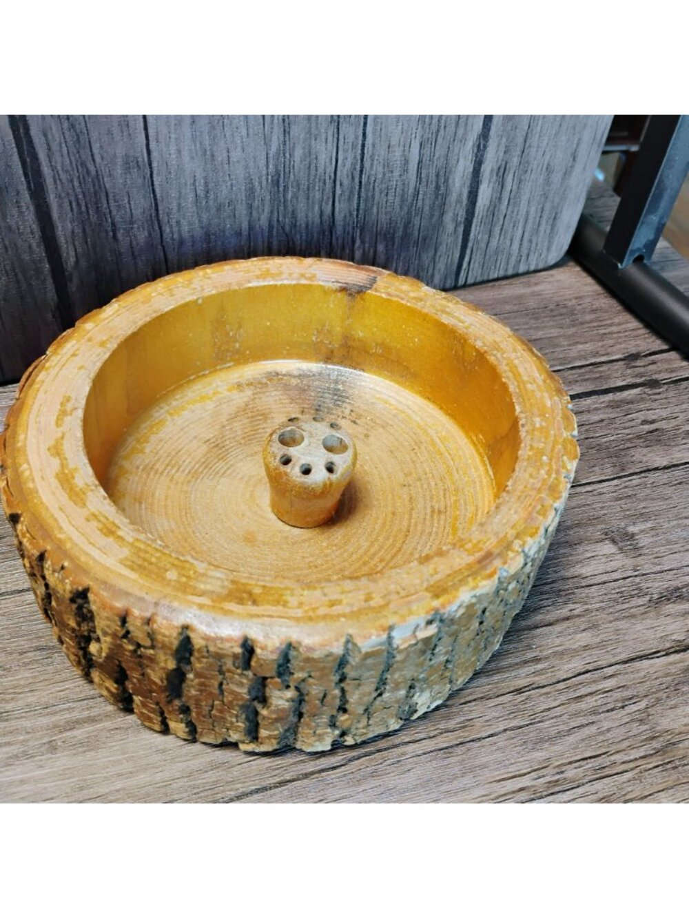 Vintage 1950s Tree Bark Nut Bowl w Silver Nutcracker & 6 Picks, Rustic Wooden - Picture 3 of 11